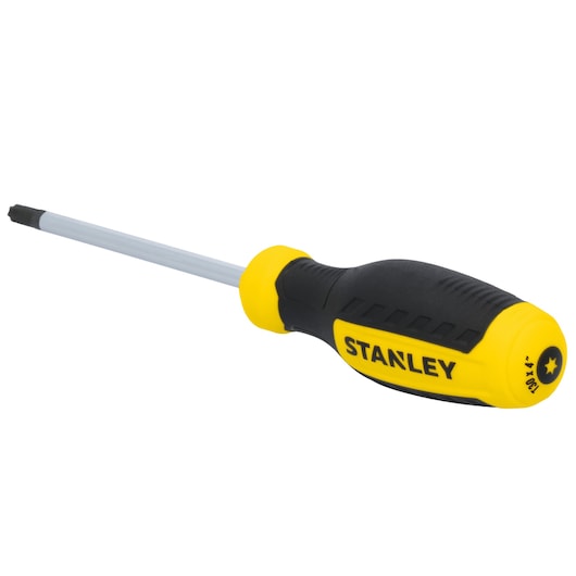 STANLEY STHT60818 black and yellow Phillips screwdriver with ergonomic handle, side angle, white background.