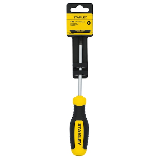 Photo of STANLEY T30 x 4'' screwdriver, SKU STHT60818, with yellow and black handle, front angle.
