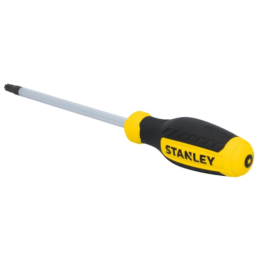 STANLEY STHT60819 black and yellow screwdriver, side angle on white background.
