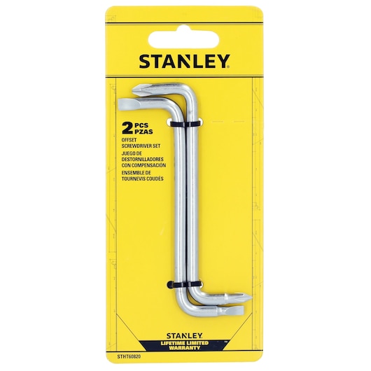 Stanley STHT60820 offset screwdriver set, two pieces, in retail packaging, front angle.