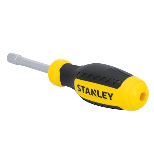 STANLEY STHT60821 screwdriver with black and yellow ergonomic handle, side angle on white background.