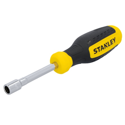 STANLEY STHT60822 nut driver with black and yellow ergonomic handle, angled right on white background.
