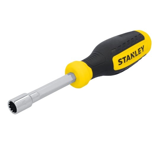 STANLEY STHT60824 nut driver with black and yellow handle, photographed at an angle on white background.