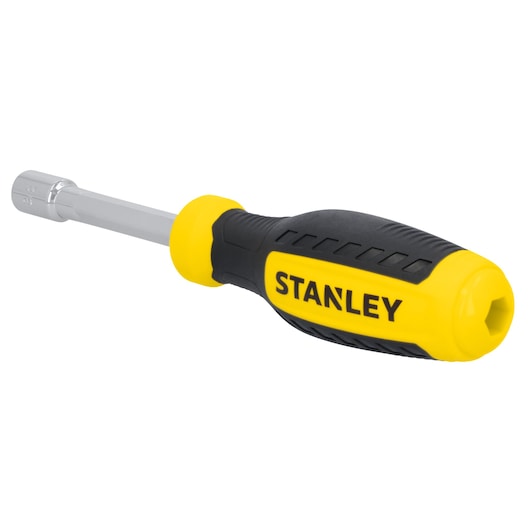 STANLEY STHT60824 nut driver with yellow and black handle, angled on white background.