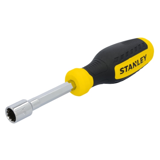 STANLEY STHT60825 nut driver with black and yellow handle, angled view on white background.