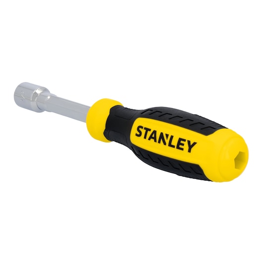 STANLEY STHT60826 nut driver with yellow and black ergonomic handle, product angle on white background.