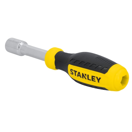 STANLEY STHT60827 nut driver with yellow and black ergonomic handle, side angle on white background.