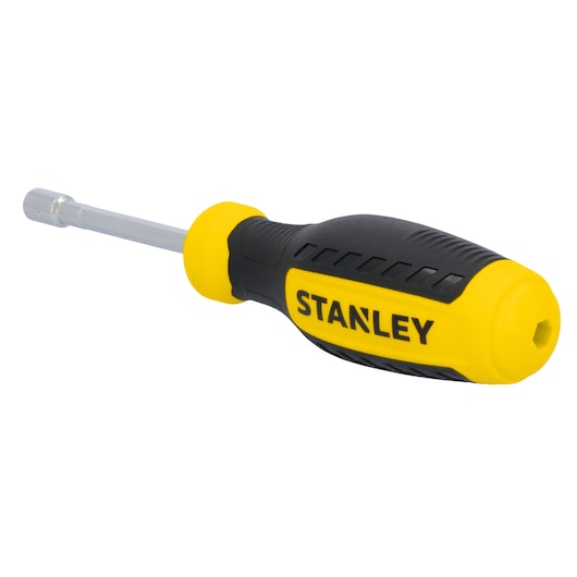 STANLEY STHT60828 nut driver with yellow and black handle, side view on white background.