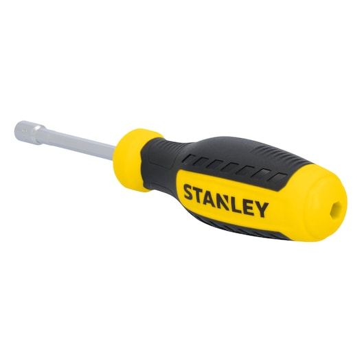 Stanley STHT60829 nut driver with yellow and black ergonomic handle, angled view on white background.