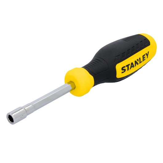 Stanley STHT60830 nut driver with black and yellow handle, angled view on white background.