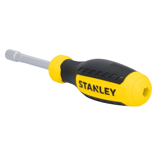 Photo of STANLEY STHT60831 yellow and black nut driver tool with ergonomic handle, angled on white background.