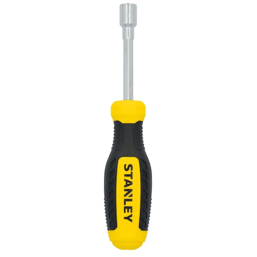 STANLEY STHT60832 nut driver with black and yellow ergonomic handle, front view on white background.
