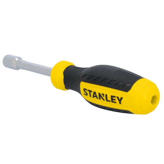 STANLEY STHT60832 yellow and black nut driver, side angle on white background.