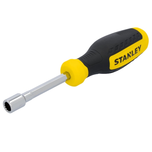 STANLEY STHT60832 screwdriver with black and yellow ergonomic handle, angled view on white background.