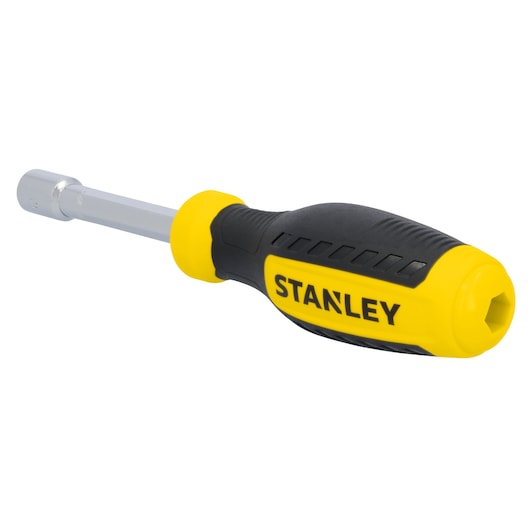 STANLEY STHT60833 nut driver with yellow and black ergonomic handle, side angled on white background.
