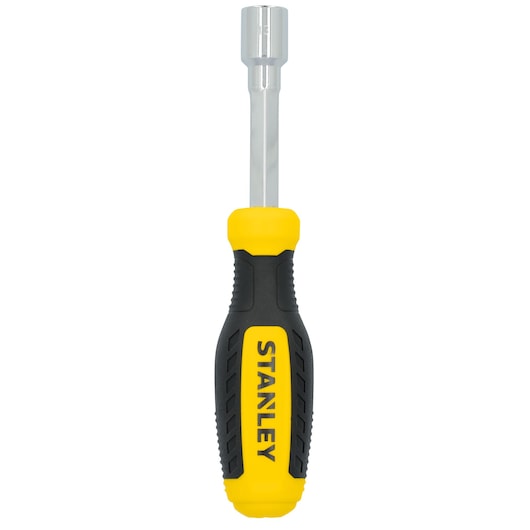STANLEY STHT60834 nut driver with yellow and black handle, front angle, white background.