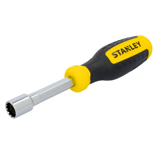 Stanley STHT60834 nut driver with black and yellow handle, side angle on white background.