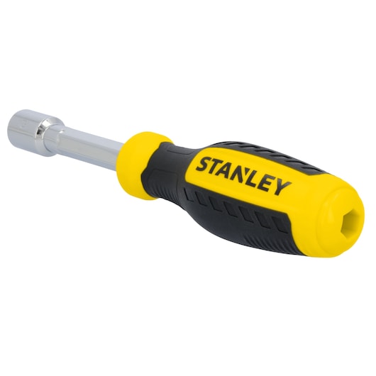 STANLEY STHT60834 nut driver, yellow and black handle, angled on white background.