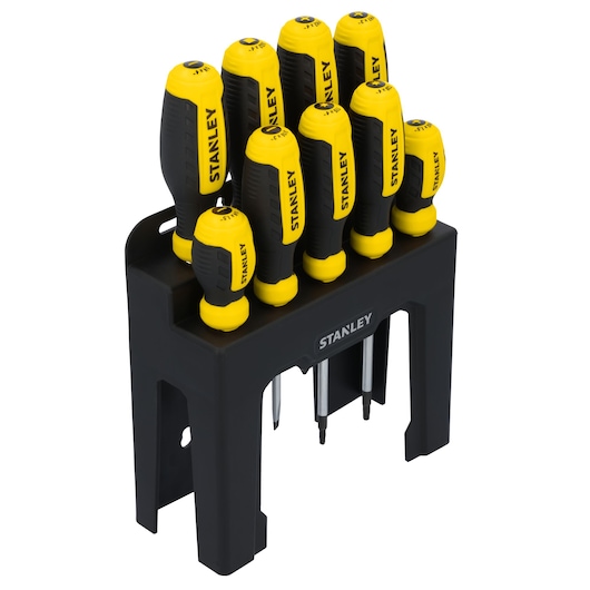 STANLEY STHT60835 screwdriver set with black and yellow handles in a black stand, front angle.