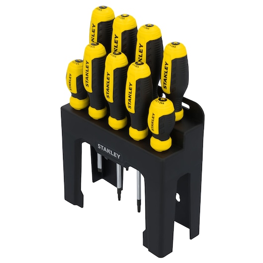 STANLEY STHT60835 screwdriver set with yellow and black handles in a black holder, front angle.
