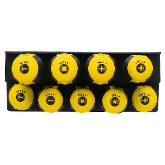 STANLEY STHT60835 screwdriver set with yellow handles in black holder, front angle on white background.