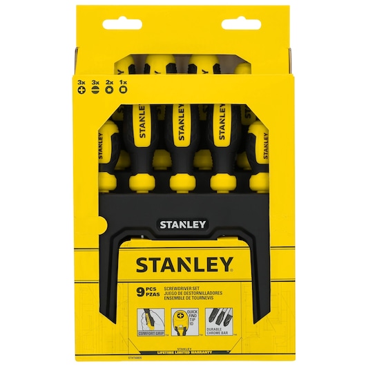 STANLEY STHT60835 9-piece screwdriver set with yellow and black handles in retail packaging, front angle.