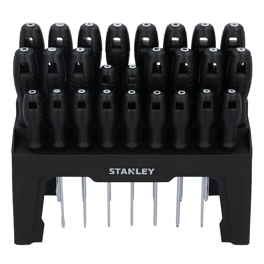 STANLEY STHT60836 screwdriver set in black holder, front angle, features assorted screwdrivers.