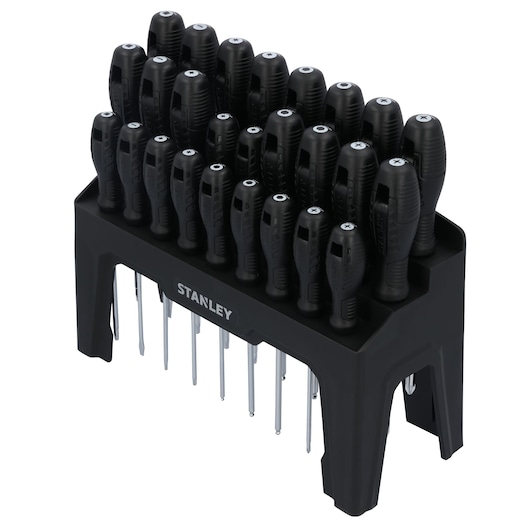 STANLEY STHT60836 screwdriver set in black stand, side angle on white background.