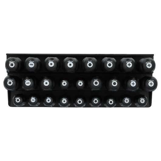 STANLEY STHT60836 screwdriver bit set with multiple black bits arranged in a black plastic holder, top view.