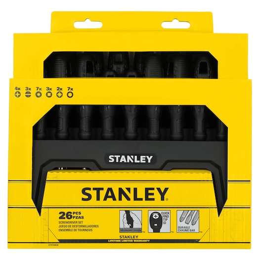 Photo of STANLEY 26-piece screwdriver set STHT60836 in yellow packaging, showing screwdrivers organized in a plastic holder.