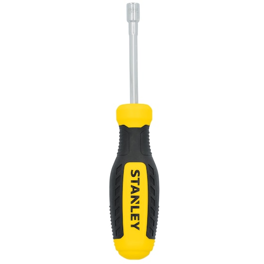STANLEY STHT60838 nut driver with yellow and black handle, front angle, on white background.