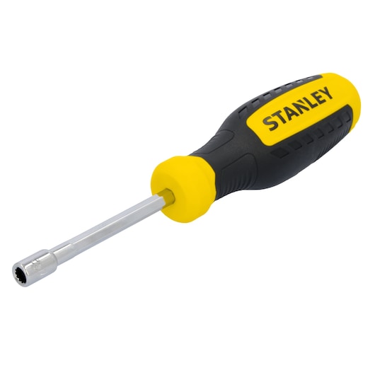 STANLEY STHT60839 nut driver with yellow and black handle, side angle, on white background.