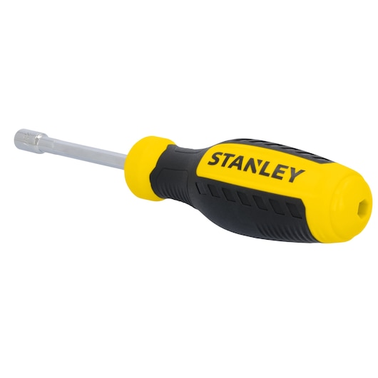 STANLEY STHT60839 nut driver with yellow and black ergonomic handle, side angle on white background.
