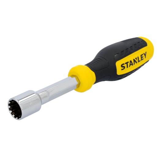 STANLEY STHT60841 nut driver with black and yellow handle, angled on white background.