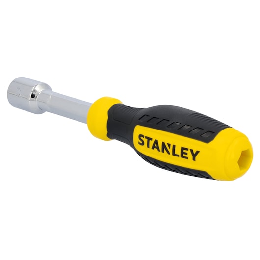 Photo of STANLEY STHT60841 nut driver with yellow and black ergonomic handle, angled on white background.