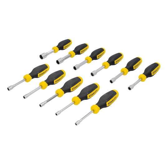 Photo of STANLEY STHT60847 nut driver set, black and yellow handles, side angle on white background.
