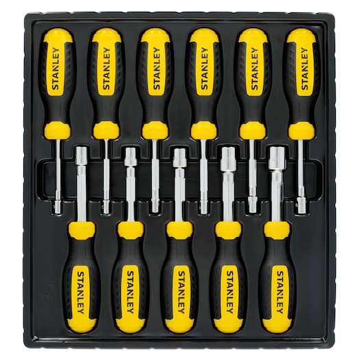 STANLEY STHT60847 nut driver set, 10-piece, yellow and black handles, top view, tray included.