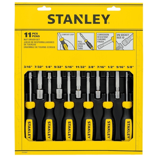 STANLEY STHT60847 11-piece nut driver set with black and yellow comfort grip handles, front view.