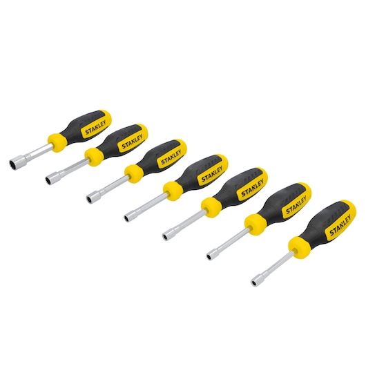 STANLEY STHT60848 nut driver set, seven black and yellow tools, angled on white background.