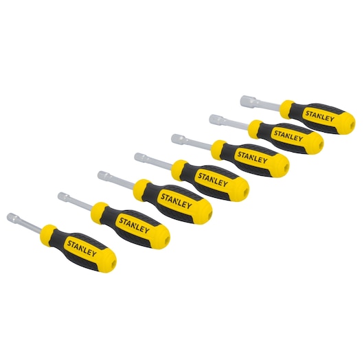 STANLEY STHT60848 nut driver set with yellow and black handles, side angle, photography on white background.