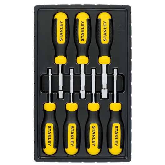 STANLEY STHT60848 screwdriver set, yellow and black handles, tray, top view photography.
