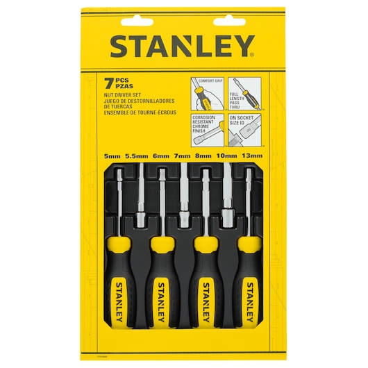 STANLEY STHT60848 7-piece nut driver set with black and yellow handles, front angle photo.
