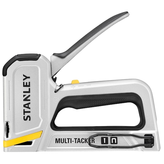 STANLEY STHT70250 silver and black multi-tacker stapler side view on white background.