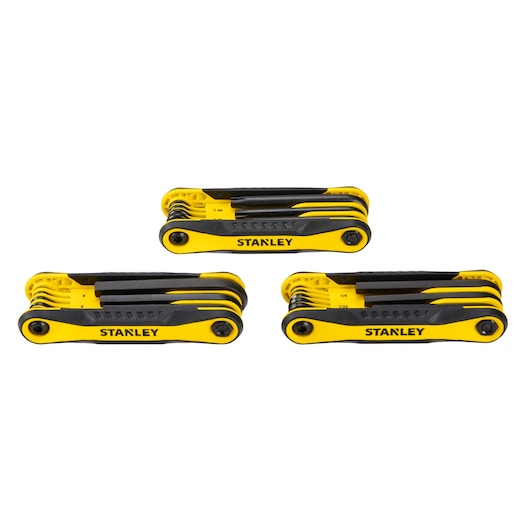 STANLEY STHT71759 folding hex key sets, yellow and black, three-piece set, front angle on white background.