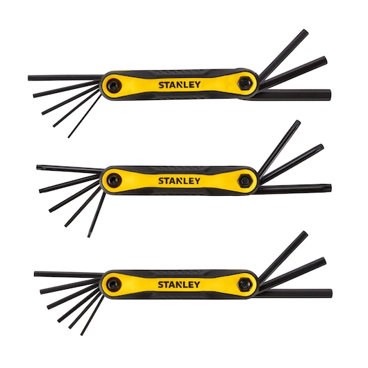 STANLEY STHT71759 folding hex key set, black and yellow handles, top-down view, three pieces fanned open.