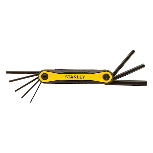 Stanley yellow and black folding hex key set, front angle, with keys extended on both sides