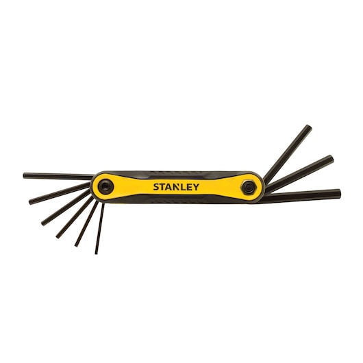 Front angle of STANLEY foldable hex key set with yellow and black handle on white background.