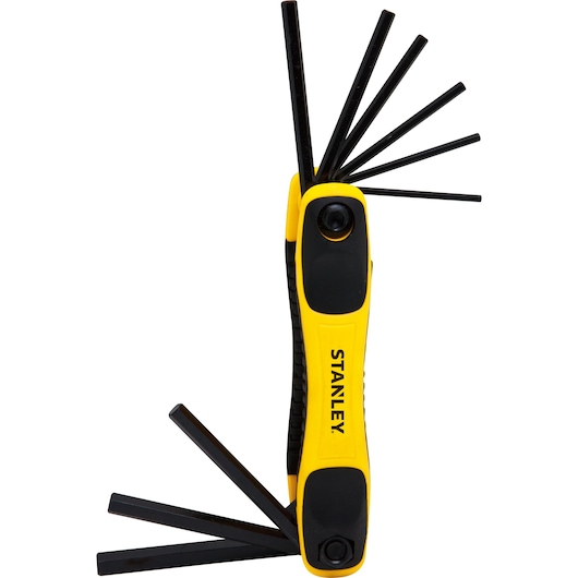 STANLEY STHT71801 yellow and black folding hex key set, front angle on white background.