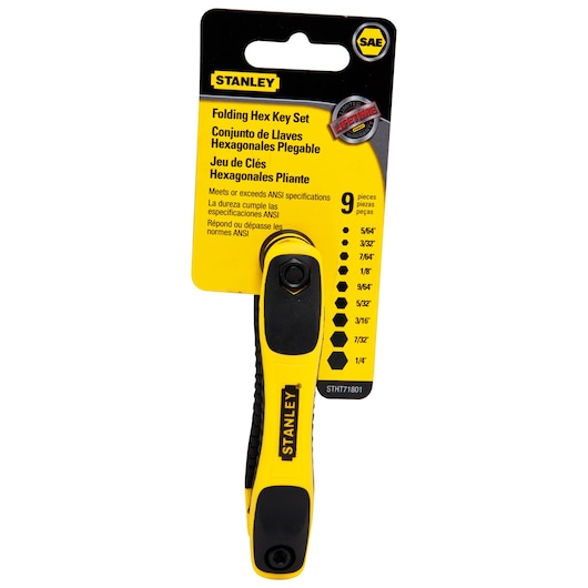 STANLEY STHT71801 folding hex key set, 9-piece, yellow and black handle, front view on white background.
