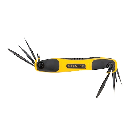 Stanley folding hex key set, yellow and black handle, angled side view on white background